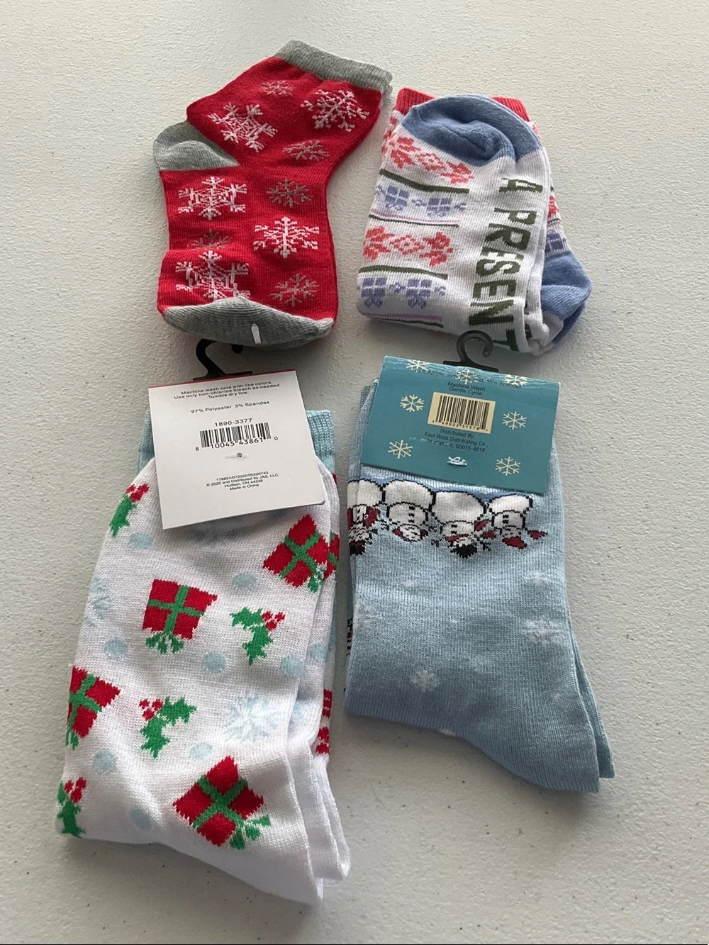 4-Prs Holiday Gnome & Snowman Crew Socks - Light Blue, Red, Gray, White